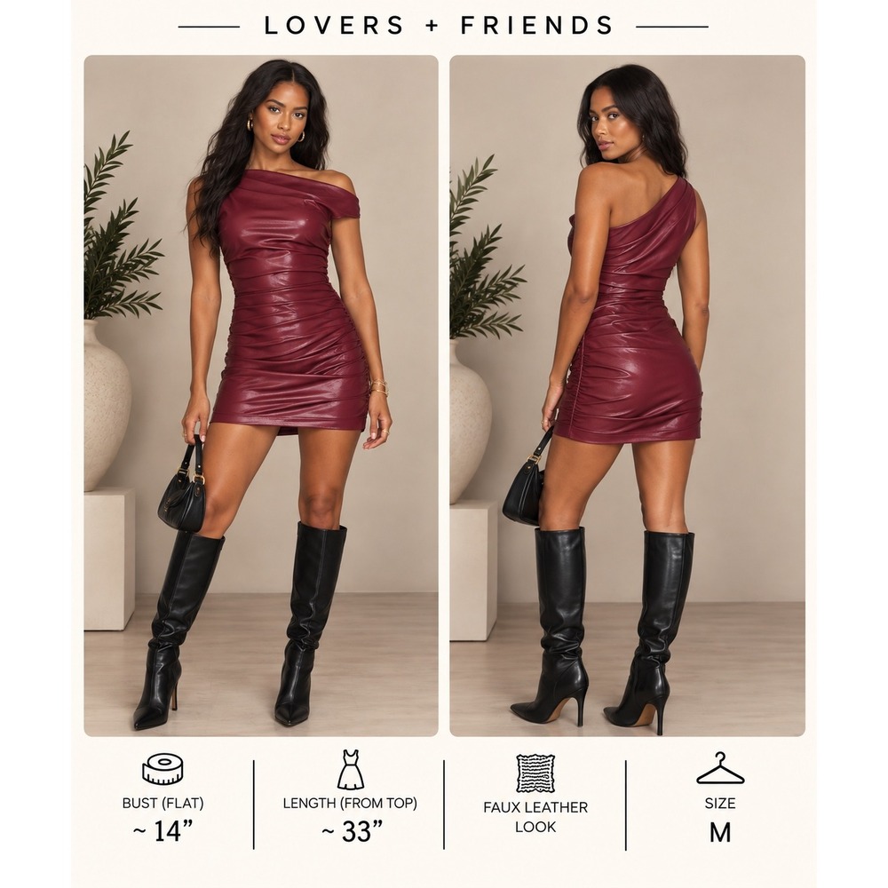 Lovers and Friends Burgundy Faux Leather One Shoulder Ruched Mini Dress Size M